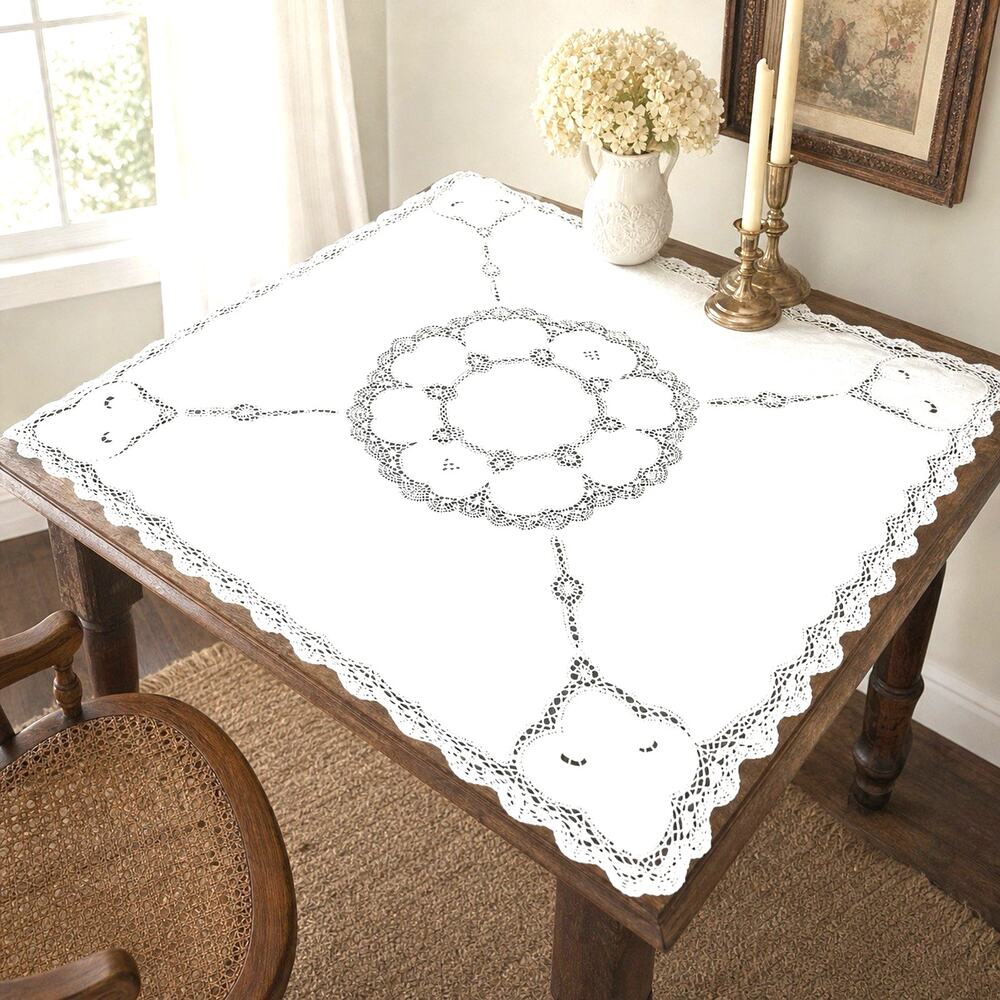 Tablecloth Cottagecore Embroidered Floral Linen Square Scalloped Boho Heirloom